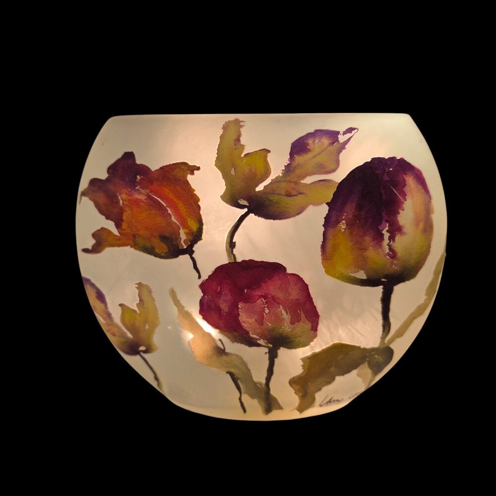 Hand Painted Frosted Glass Globe Table Lamp Tulip Floral Accent Light Vintage